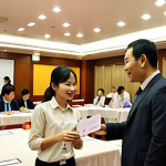 **

A professional networking event in Vietnam. Focus on a friendly notary public interacting with colleagues, exchanging business cards, and engaging in conversation. Depict a modern, well-lit conference room with Vietnamese cultural elements in the background.

**