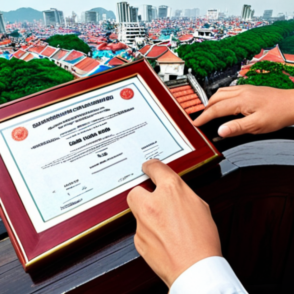 ** A close-up of hands carefully examining a "sổ đỏ/sổ hồng" (land use rights certificate), perhaps using a magnifying glass. Focus on detail and convey a sense of scrutiny and due diligence. The background could subtly incorporate legal documents or a cityscape of Hanoi or Ho Chi Minh City. Keywords: property law, certificate, verification.

**