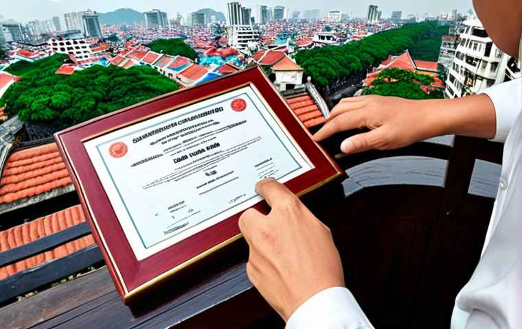 ** A close-up of hands carefully examining a "sổ đỏ/sổ hồng" (land use rights certificate), perhaps using a magnifying glass. Focus on detail and convey a sense of scrutiny and due diligence. The background could subtly incorporate legal documents or a cityscape of Hanoi or Ho Chi Minh City. Keywords: property law, certificate, verification.
**