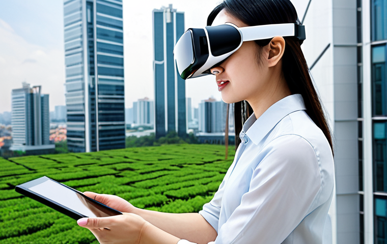 2
**Image Prompt 2: Modern Real Estate with Proptech and Sustainability**
A dynamic and forward-thinking Vietnamese real estate agent, looking confident and tech-savvy, is actively utilizing Proptech tools. They are either wearing a sleek VR headset, experiencing a realistic virtual tour of a modern, green architectural building, or holding a tablet displaying complex real estate data analytics and market trends. Behind them, a futuristic yet grounded cityscape features sustainable and resilient buildings with elements like green roofs, smart designs, and well-managed urban infrastructure, subtly hinting at adaptation to environmental changes. The image conveys innovation, professional adaptation, and a focus on long-term value in the Vietnamese real estate industry. --ar 16:9 --v