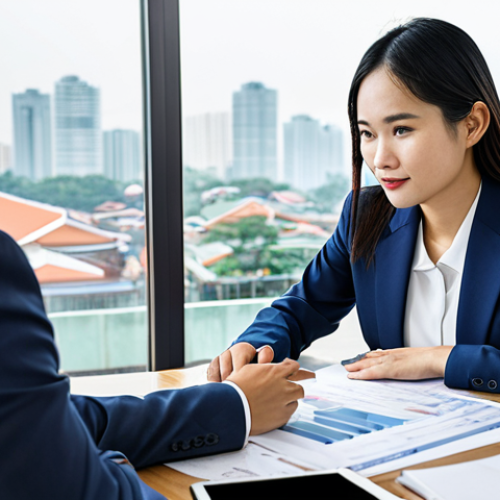 Home 23 A professional Vietnamese real estate agent, a man or woman, in a modest business suit, sitting across from a diverse client in a brightly lit modern office setting. They are attentively discussing property documents, with a tablet displaying market data on the table. The agent exudes trust and expertise, providing clear guidance. The background features a large window with a subtle city view. Perfect anatomy, correct proportions, natural pose, well-formed hands, proper finger count, natural body proportions, professional photography, high detail, fully clothed, appropriate attire, safe for work, appropriate content, professional, modest.