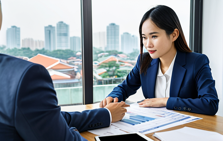 A professional Vietnamese real estate agent, a man or woman, in a modest business suit, sitting across from a diverse client in a brightly lit modern office setting. They are attentively discussing property documents, with a tablet displaying market data on the table. The agent exudes trust and expertise, providing clear guidance. The background features a large window with a subtle city view. Perfect anatomy, correct proportions, natural pose, well-formed hands, proper finger count, natural body proportions, professional photography, high detail, fully clothed, appropriate attire, safe for work, appropriate content, professional, modest.