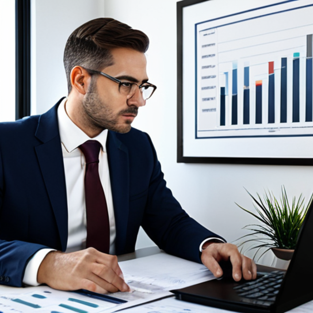 A professional real estate expert, 30s, fully clothed in a modest, sharp business suit, sitting at a clean, contemporary desk. The expert is engaged in deep thought, looking at a laptop displaying a sophisticated market analysis chart. On the desk, organized law books, a financial calculator, and a notebook indicate thorough study and expertise. The background is a modern, sunlit office with subtle, tasteful decor and a framed professional certificate, emphasizing a highly qualified environment.