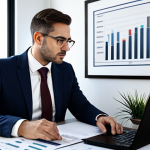 A professional real estate expert, 30s, fully clothed in a modest, sharp business suit, sitting at a clean, contemporary desk. The expert is engaged in deep thought, looking at a laptop displaying a sophisticated market analysis chart. On the desk, organized law books, a financial calculator, and a notebook indicate thorough study and expertise. The background is a modern, sunlit office with subtle, tasteful decor and a framed professional certificate, emphasizing a highly qualified environment.
