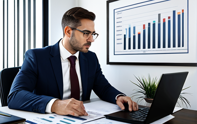 A professional real estate expert, 30s, fully clothed in a modest, sharp business suit, sitting at a clean, contemporary desk. The expert is engaged in deep thought, looking at a laptop displaying a sophisticated market analysis chart. On the desk, organized law books, a financial calculator, and a notebook indicate thorough study and expertise. The background is a modern, sunlit office with subtle, tasteful decor and a framed professional certificate, emphasizing a highly qualified environment.