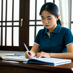 A focused Vietnamese individual in a modest, professional polo shirt and trousers, seated at a polished wooden desk in a quiet, well-lit study room. The desk is adorned with stacks of Vietnamese real estate law books and a laptop displaying a legal document. Sunlight streams through a window, casting soft shadows. The person holds a pen, diligently taking notes, reflecting determination. The background shows hints of a cozy, modern Vietnamese home environment. Professional photography, high resolution, realistic, cinematic lighting. Perfect anatomy, correct proportions, natural pose, well-formed hands, proper finger count, natural body proportions. Fully clothed, modest clothing, appropriate attire, safe for work, appropriate content, professional, family-friendly.
