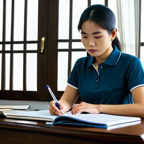 Home 9 A focused Vietnamese individual in a modest, professional polo shirt and trousers, seated at a polished wooden desk in a quiet, well-lit study room. The desk is adorned with stacks of Vietnamese real estate law books and a laptop displaying a legal document. Sunlight streams through a window, casting soft shadows. The person holds a pen, diligently taking notes, reflecting determination. The background shows hints of a cozy, modern Vietnamese home environment. Professional photography, high resolution, realistic, cinematic lighting. Perfect anatomy, correct proportions, natural pose, well-formed hands, proper finger count, natural body proportions. Fully clothed, modest clothing, appropriate attire, safe for work, appropriate content, professional, family-friendly.