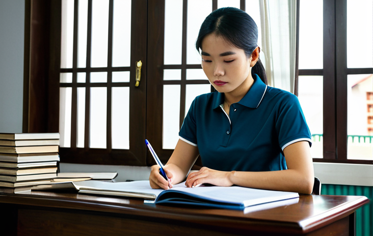 A focused Vietnamese individual in a modest, professional polo shirt and trousers, seated at a polished wooden desk in a quiet, well-lit study room. The desk is adorned with stacks of Vietnamese real estate law books and a laptop displaying a legal document. Sunlight streams through a window, casting soft shadows. The person holds a pen, diligently taking notes, reflecting determination. The background shows hints of a cozy, modern Vietnamese home environment. Professional photography, high resolution, realistic, cinematic lighting. Perfect anatomy, correct proportions, natural pose, well-formed hands, proper finger count, natural body proportions. Fully clothed, modest clothing, appropriate attire, safe for work, appropriate content, professional, family-friendly.