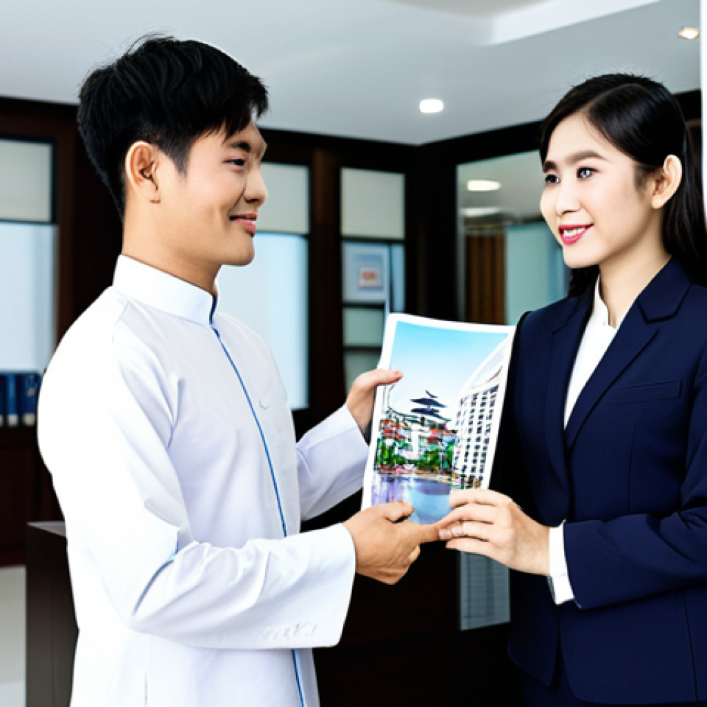 ** A professional, fully clothed Vietnamese real estate agent in a modern office, wearing a traditional Ao Dai-inspired business suit, presenting a property brochure to a potential client. The office background includes models of modern Vietnamese apartment buildings. Perfect anatomy, correct proportions, well-formed hands, natural pose, professional, modest, family-friendly, safe for work, appropriate content. **