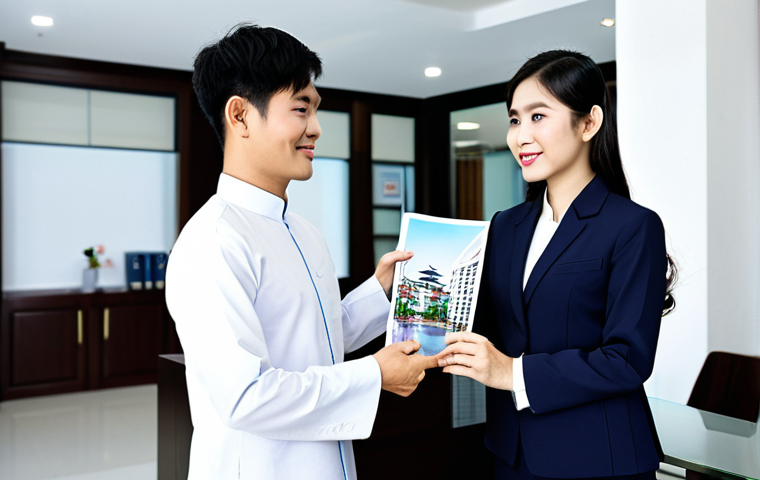 ** A professional, fully clothed Vietnamese real estate agent in a modern office, wearing a traditional Ao Dai-inspired business suit, presenting a property brochure to a potential client. The office background includes models of modern Vietnamese apartment buildings. Perfect anatomy, correct proportions, well-formed hands, natural pose, professional, modest, family-friendly, safe for work, appropriate content. **
