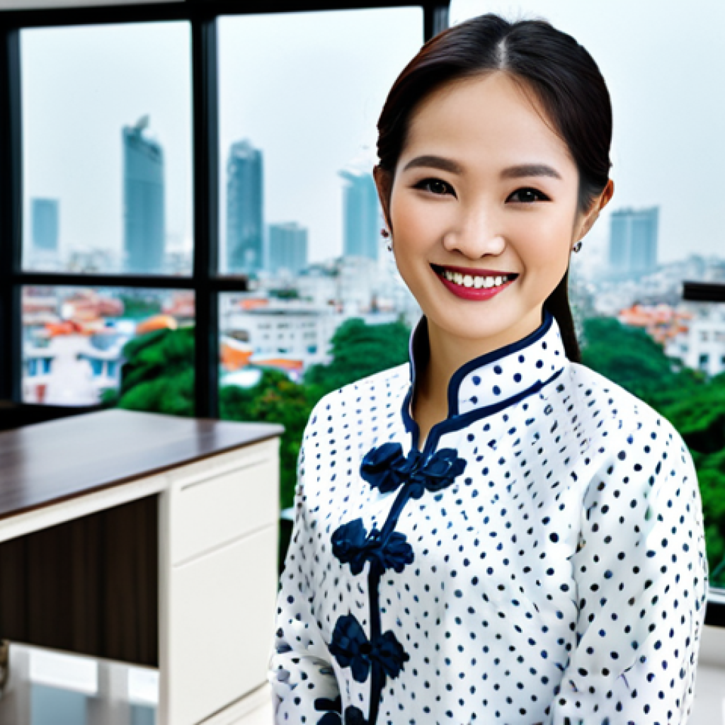 ** A professional real estate agent in a modern office, wearing a *áo dài* (traditional Vietnamese dress) in a modest and elegant style, fully clothed, smiling confidently. Background: a cityscape of Ho Chi Minh City. Keywords: safe for work, appropriate content, family-friendly, professional, perfect anatomy, natural pose, well-formed hands, high quality, realistic rendering, natural lighting. **
