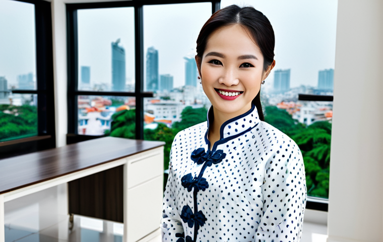 ** A professional real estate agent in a modern office, wearing a *áo dài* (traditional Vietnamese dress) in a modest and elegant style, fully clothed, smiling confidently. Background: a cityscape of Ho Chi Minh City. Keywords: safe for work, appropriate content, family-friendly, professional, perfect anatomy, natural pose, well-formed hands, high quality, realistic rendering, natural lighting. **