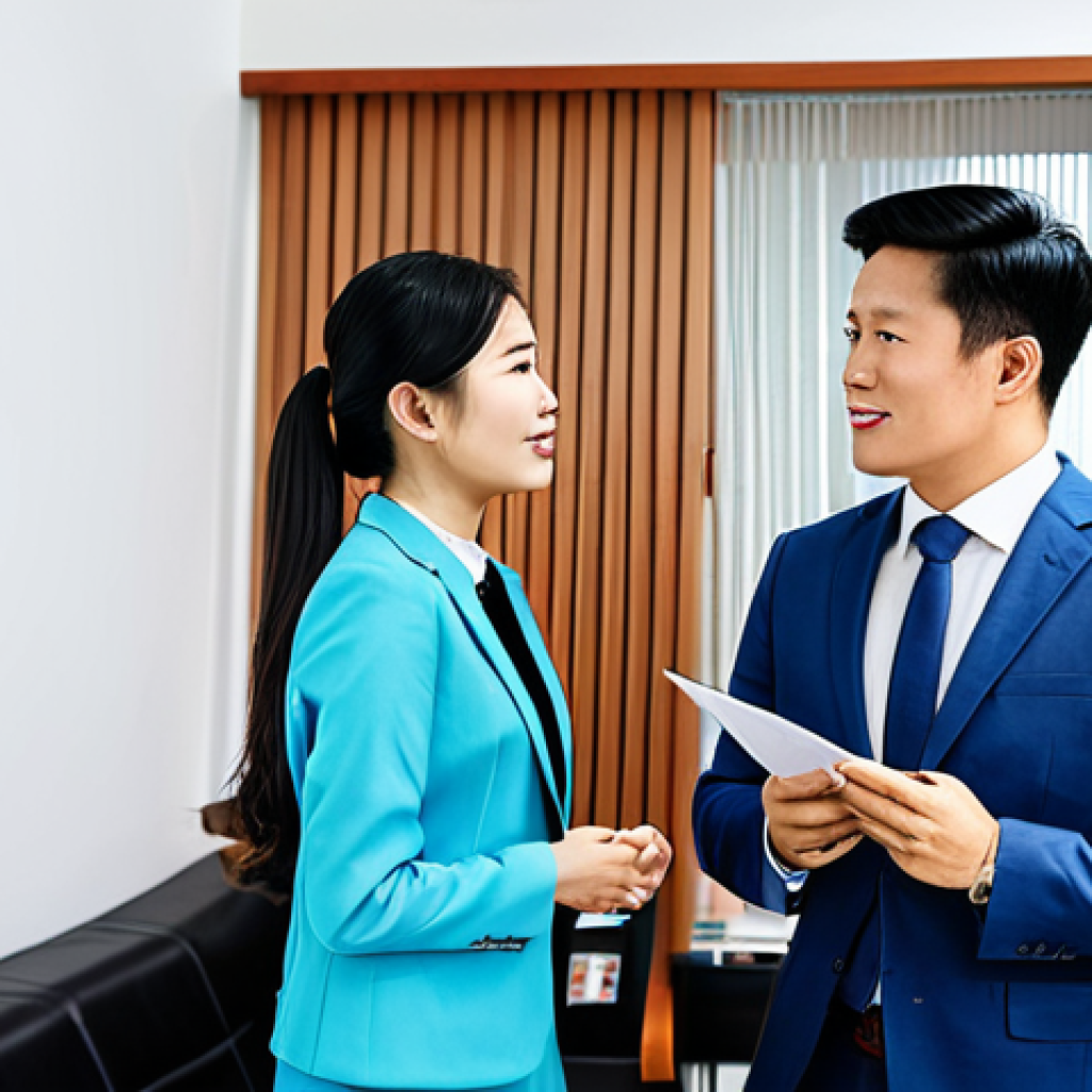 ** "A professional real estate agent, fully clothed in a modest business attire, advising a young Vietnamese couple in a bright and modern office setting, discussing home options. Safe for work, appropriate content, perfect anatomy, natural pose, professional environment, modest clothing, family-friendly." **