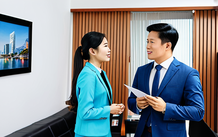 ** "A professional real estate agent, fully clothed in a modest business attire, advising a young Vietnamese couple in a bright and modern office setting, discussing home options. Safe for work, appropriate content, perfect anatomy, natural pose, professional environment, modest clothing, family-friendly." **