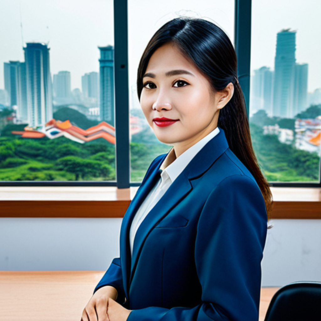 ** A professional Vietnamese lawyer in a modest áo dài, standing confidently in a modern Hanoi law office, fully clothed, appropriate attire, safe for work, perfect anatomy, natural proportions, professional photography, high quality. The background includes legal books and a view of the city skyline. Family-friendly. **