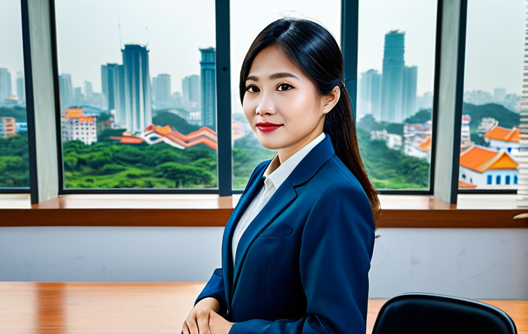 ** A professional Vietnamese lawyer in a modest áo dài, standing confidently in a modern Hanoi law office, fully clothed, appropriate attire, safe for work, perfect anatomy, natural proportions, professional photography, high quality. The background includes legal books and a view of the city skyline. Family-friendly. **