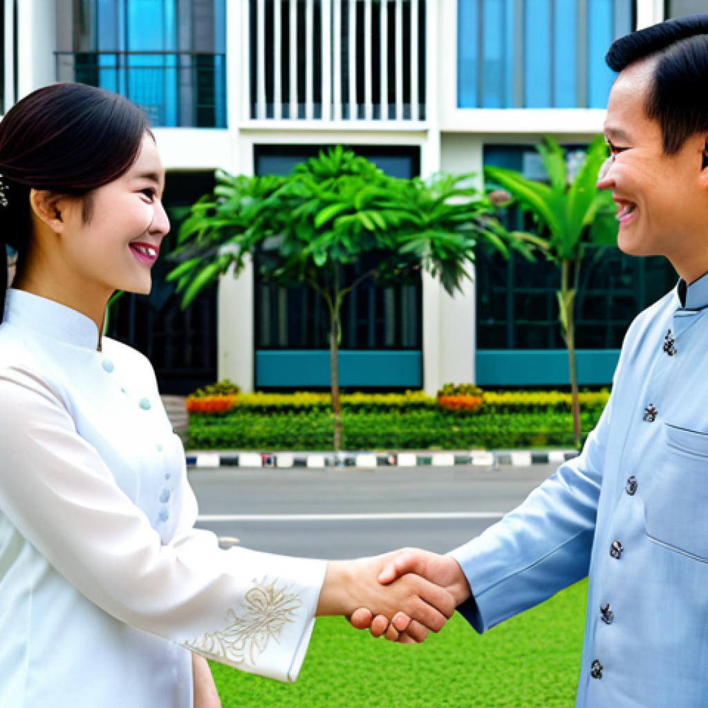 The Trustworthy Expert** Prompt: A professional real estate agent in Vietnam, wearing a *ao dai* (traditional Vietnamese dress) or modest business attire, shaking hands with a smiling client in front of a modern apartment building. The background includes a cityscape of Hanoi or Ho Chi Minh City. Perfect anatomy, correct proportions, well-formed hands, natural pose, fully clothed, appropriate content, professional, modest, safe for work, high quality. **