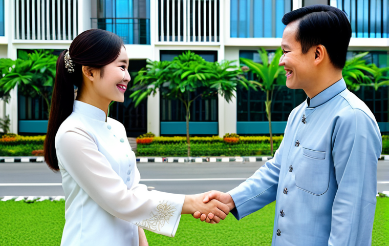 The Trustworthy Expert** Prompt: A professional real estate agent in Vietnam, wearing a *ao dai* (traditional Vietnamese dress) or modest business attire, shaking hands with a smiling client in front of a modern apartment building. The background includes a cityscape of Hanoi or Ho Chi Minh City. Perfect anatomy, correct proportions, well-formed hands, natural pose, fully clothed, appropriate content, professional, modest, safe for work, high quality. **