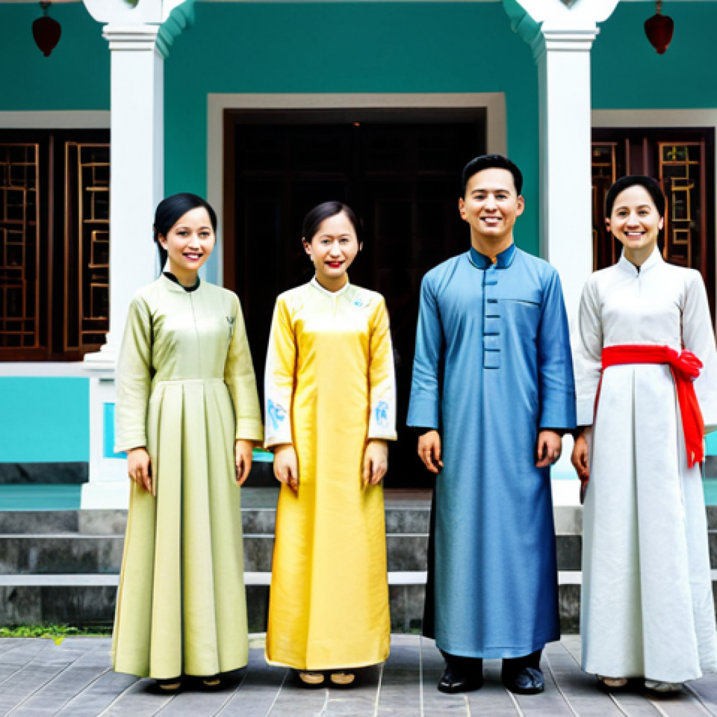 공인중개사 필수 서류 준비 요령 - **A modern Vietnamese family in traditional Ao Dai clothing posing in front of their newly purchased...