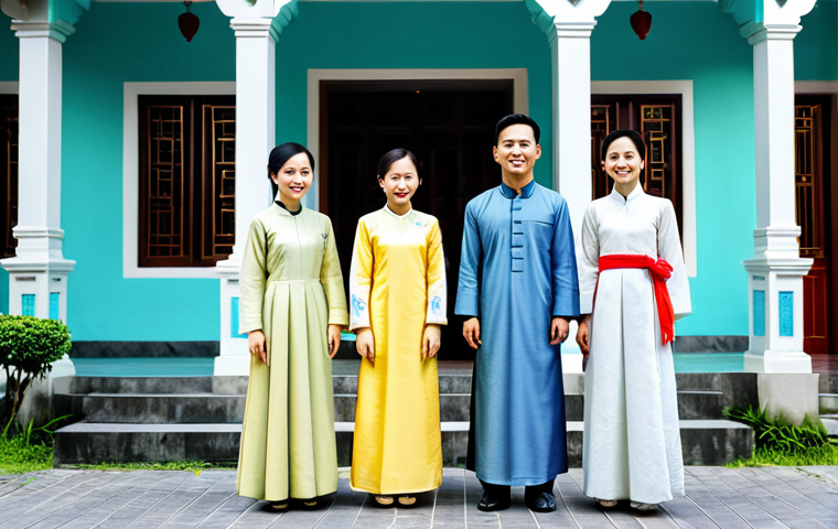 공인중개사 필수 서류 준비 요령 - **A modern Vietnamese family in traditional Ao Dai clothing posing in front of their newly purchased...
