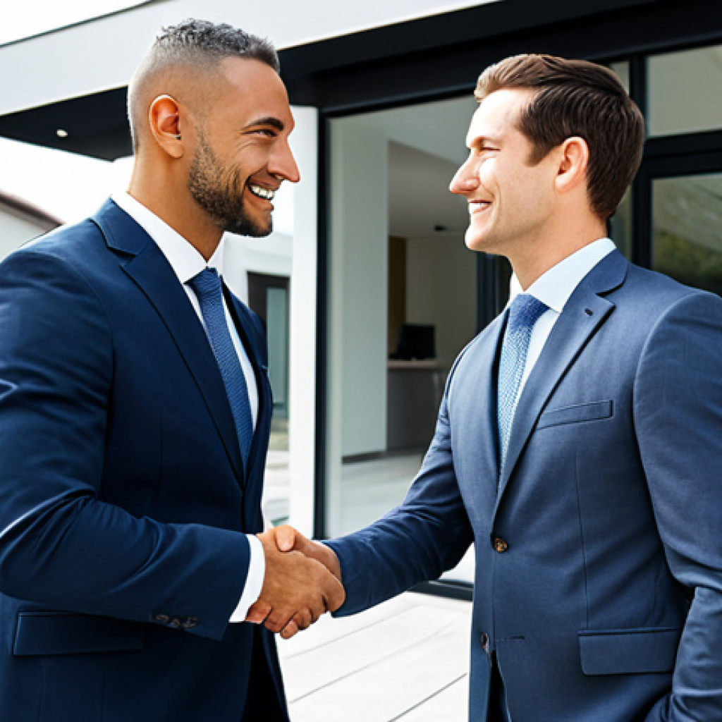 공인중개사 시험 대비 학습 자료 추천 - "A professional real estate agent in a modest business suit, shaking hands with a client in front of...
