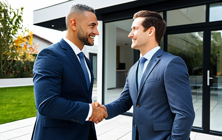 공인중개사 시험 대비 학습 자료 추천 - "A professional real estate agent in a modest business suit, shaking hands with a client in front of...