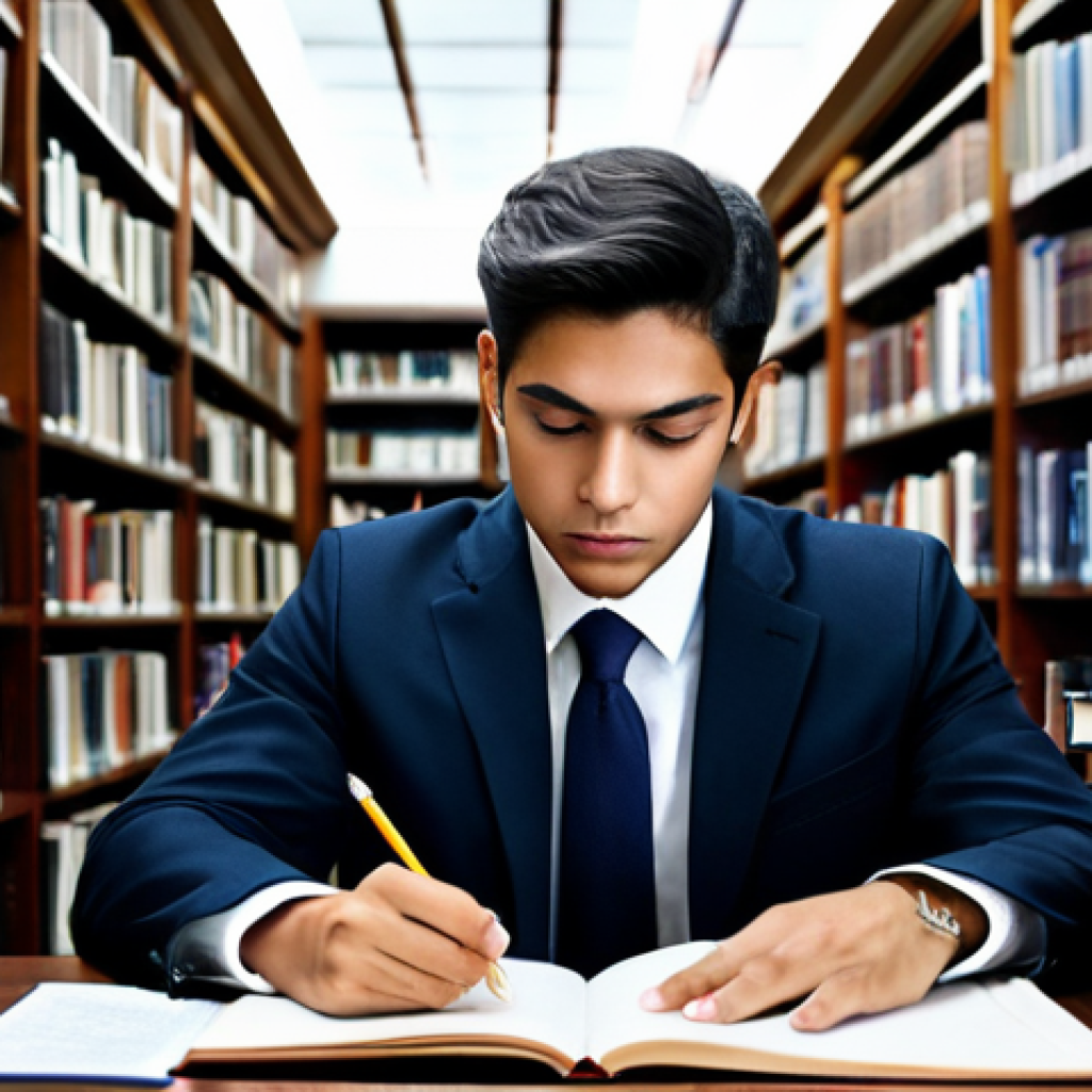 공인중개사 시험 준비와 관련된 최신 기법 활용 사례 - **Subject:** A diligent law student, fully clothed in professional attire, studying textbooks and no...