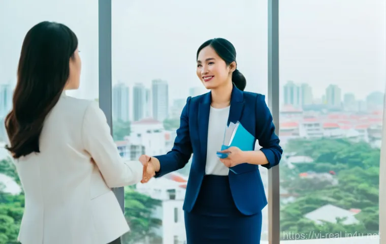 공인중개사 자격증 취득 후 네트워킹 요령 - **Prompt:** A professional and trustworthy Vietnamese real estate agent, a woman in her early 30s, d...