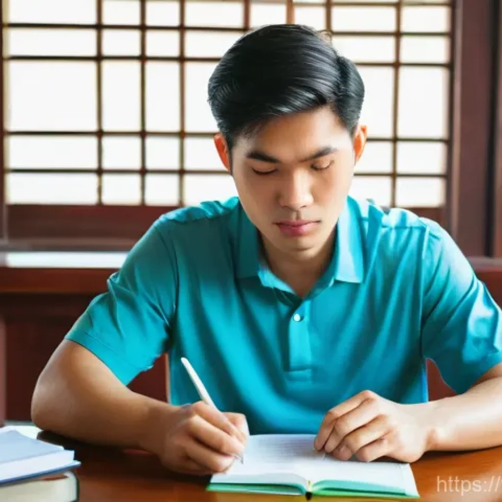 공인중개사 시험 준비 스터디 팁 - **A focused young adult studying for a real estate exam.** A dynamic, eye-level shot of a Vietna...