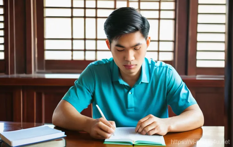 공인중개사 시험 준비 스터디 팁 - **A focused young adult studying for a real estate exam.** A dynamic, eye-level shot of a Vietna...