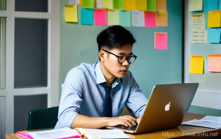 공인중개사 시험 준비와 심리적 안정 유지 - **Prompt:** A focused young Vietnamese professional, in their late 20s, is deeply immersed in studyi...