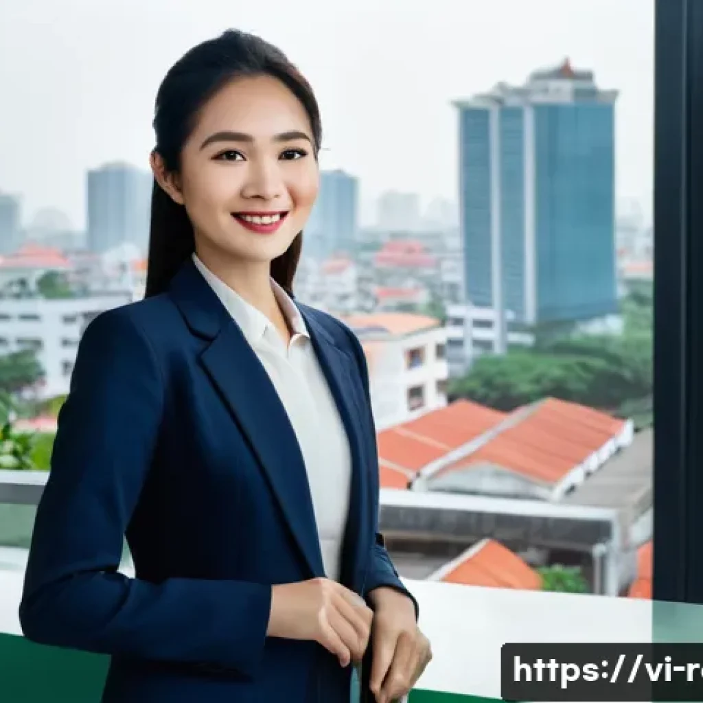 공인중개사 자격증과 글로벌 부동산 시장의 연결성 - **Prompt:** A highly professional Vietnamese female real estate broker, in her late 30s, stands conf...