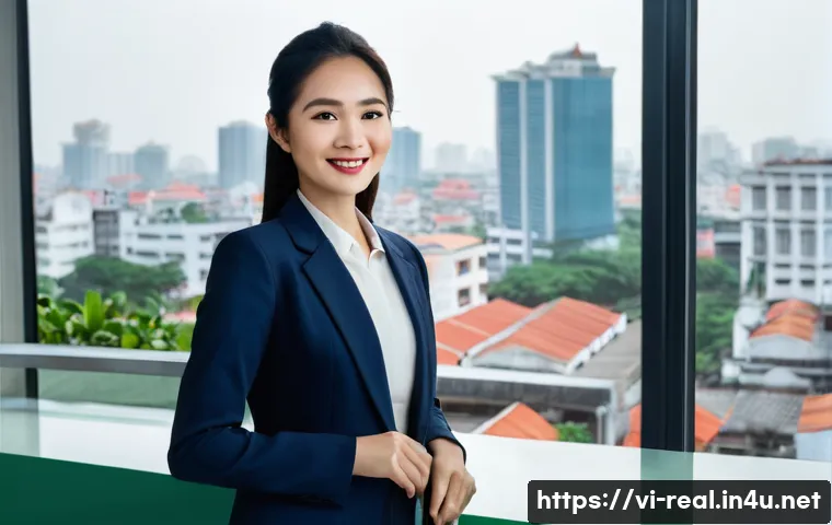 공인중개사 자격증과 글로벌 부동산 시장의 연결성 - **Prompt:** A highly professional Vietnamese female real estate broker, in her late 30s, stands conf...