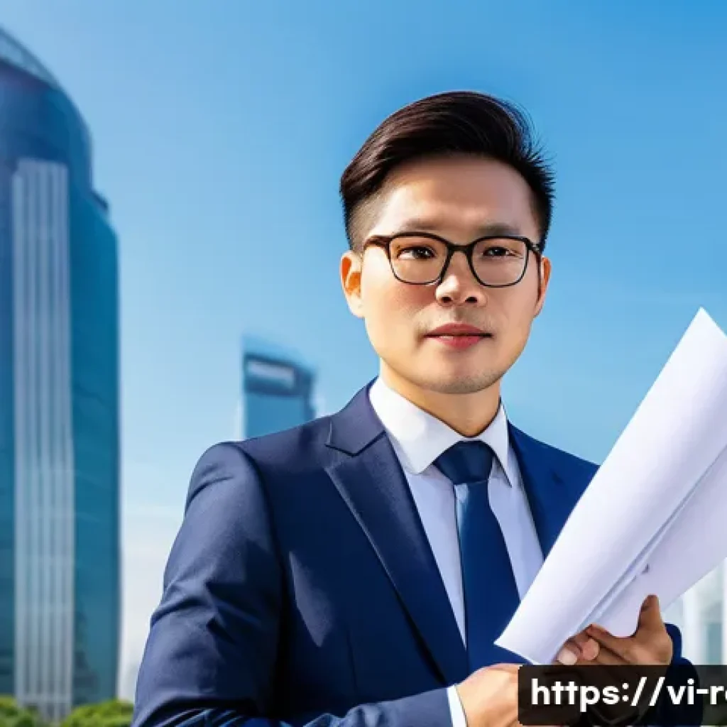 공인중개사 자격증 취득 후 사회적 인식 변화 - A professional Vietnamese real estate agent in smart business attire, holding a certified license do...