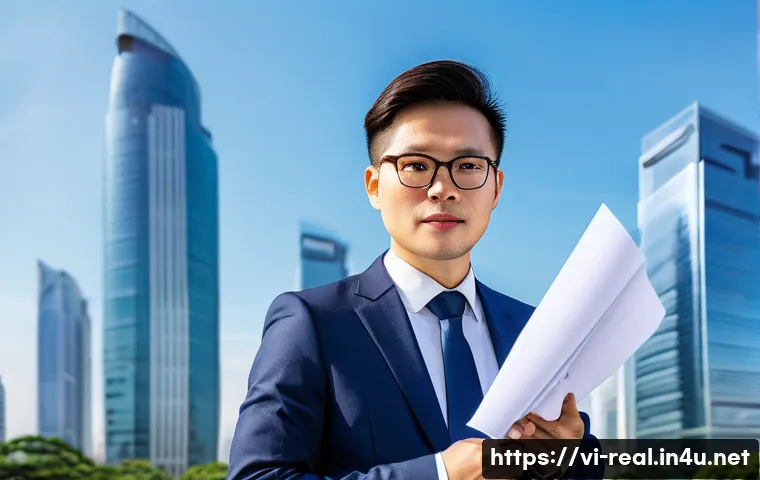 공인중개사 자격증 취득 후 사회적 인식 변화 - A professional Vietnamese real estate agent in smart business attire, holding a certified license do...