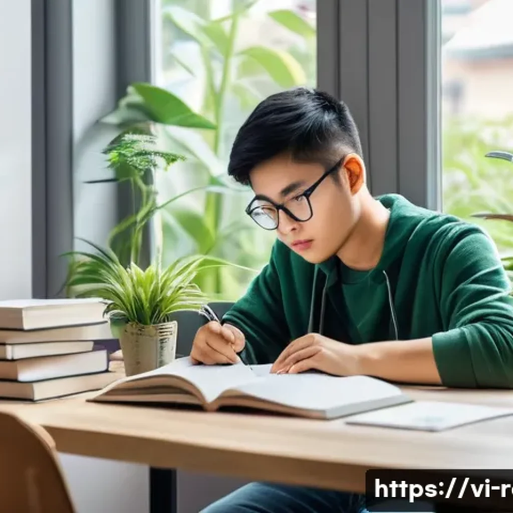 공인중개사 시험 준비와 성공적인 마무리 - A focused Vietnamese young adult studying at a tidy, well-lit home study corner, surrounded by neatl...