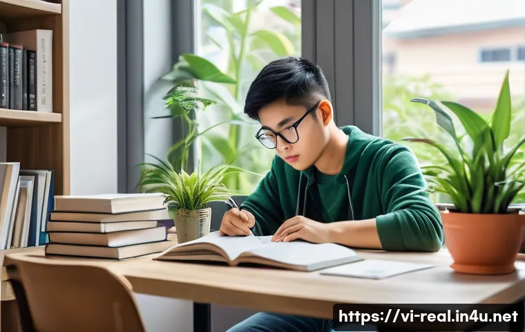 공인중개사 시험 준비와 성공적인 마무리 - A focused Vietnamese young adult studying at a tidy, well-lit home study corner, surrounded by neatl...