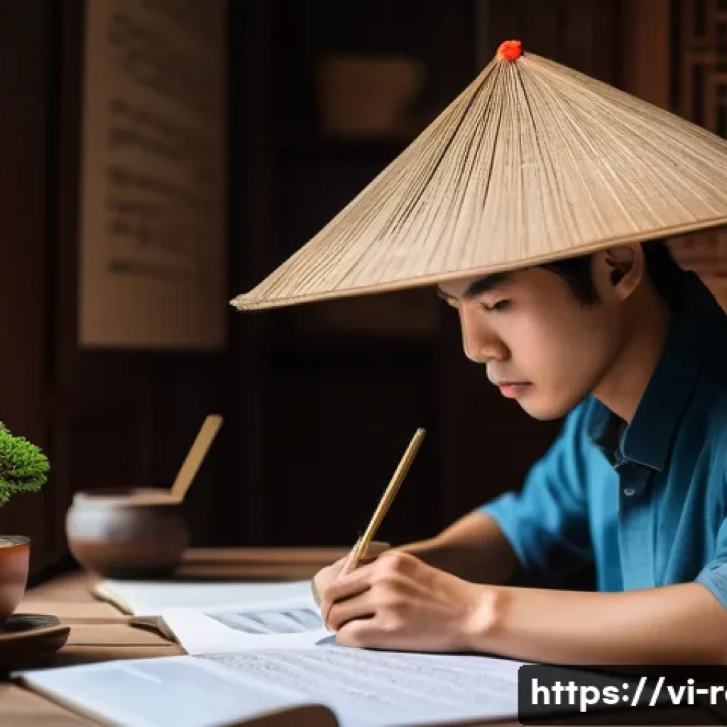 공인중개사 시험 준비와 관련된 유용한 학습법 - A focused Vietnamese young adult studying at a wooden desk in a cozy, well-lit room decorated with t...