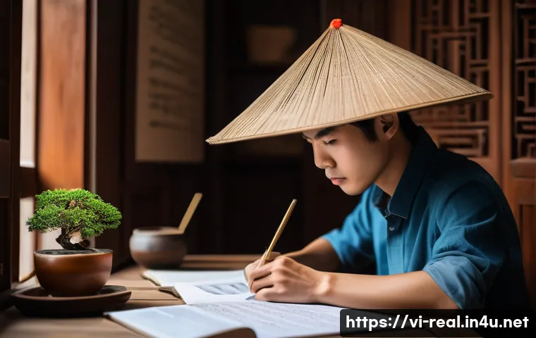 공인중개사 시험 준비와 관련된 유용한 학습법 - A focused Vietnamese young adult studying at a wooden desk in a cozy, well-lit room decorated with t...