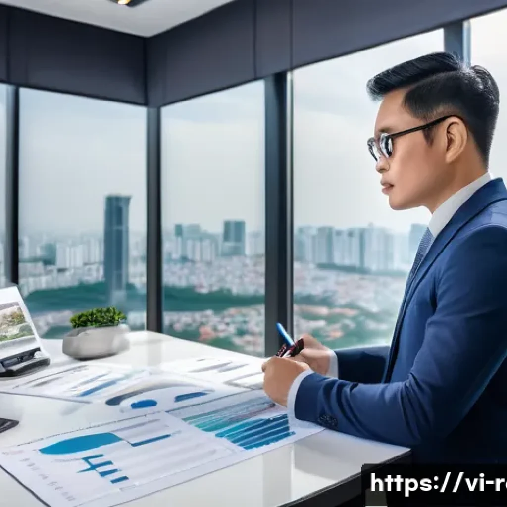 공인중개사 자격증의 가치 - A professional Vietnamese real estate agent in smart business attire, confidently presenting detaile...
