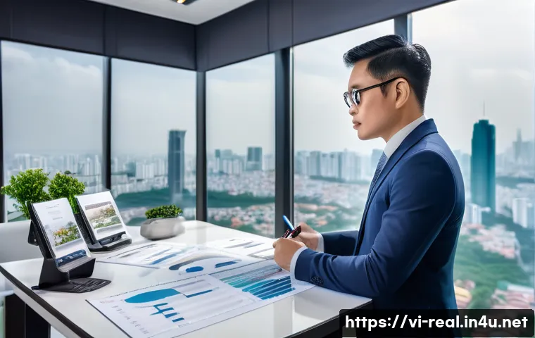 공인중개사 자격증의 가치 - A professional Vietnamese real estate agent in smart business attire, confidently presenting detaile...