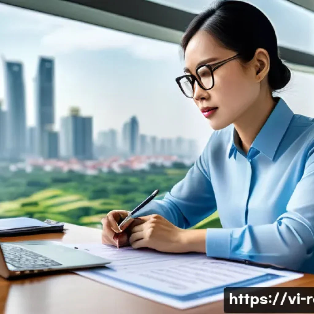 공인중개사 부동산 거래 경험 공유 - A professional Vietnamese real estate agent carefully reviewing legal documents such as land use rig...