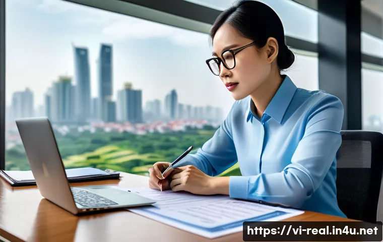 공인중개사 부동산 거래 경험 공유 - A professional Vietnamese real estate agent carefully reviewing legal documents such as land use rig...