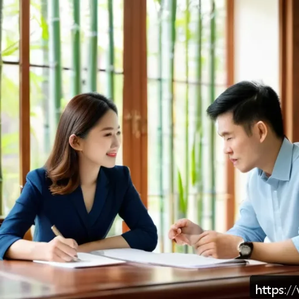 공인중개사 부동산 계약 실패 사례 분석 - A detailed scene of a Vietnamese real estate agent and a young couple sitting at a wooden table in a...
