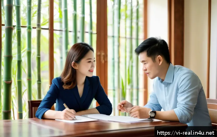 공인중개사 부동산 계약 실패 사례 분석 - A detailed scene of a Vietnamese real estate agent and a young couple sitting at a wooden table in a...