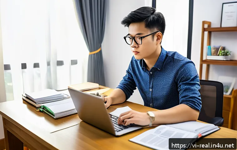 공인중개사 시험 준비 성공 사례 공유 - A focused Vietnamese young adult male studying real estate law at a modern desk with textbooks, lega...