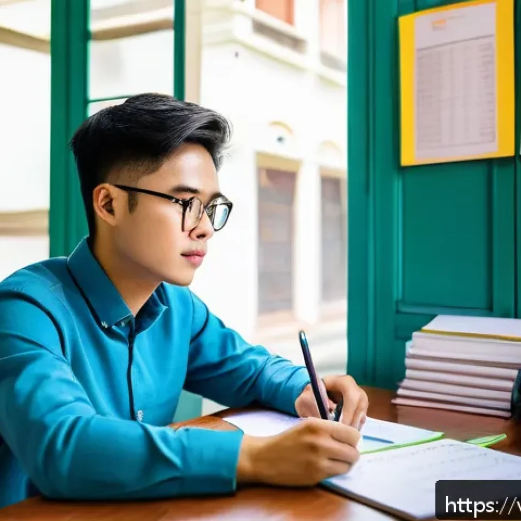 공인중개사 시험 준비와 관련된 효과적인 자료 활용 방법 - A modern Vietnamese study room scene with a young adult student focused on exam preparation for the ...
