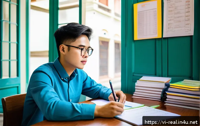 공인중개사 시험 준비와 관련된 효과적인 자료 활용 방법 - A modern Vietnamese study room scene with a young adult student focused on exam preparation for the ...
