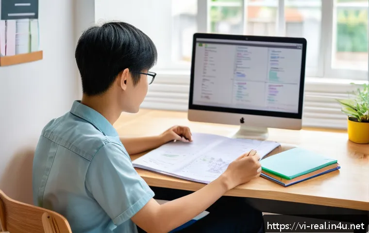 공인중개사 시험 준비 단계별 전략 - A focused Vietnamese young adult studying at a tidy desk in a bright, quiet room with natural light ...
