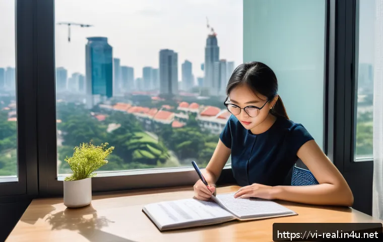 공인중개사 시험 대비 학습과 관련된 현실적인 문제 해결 - A focused Vietnamese student studying real estate law at a modern desk with textbooks, detailed hand...